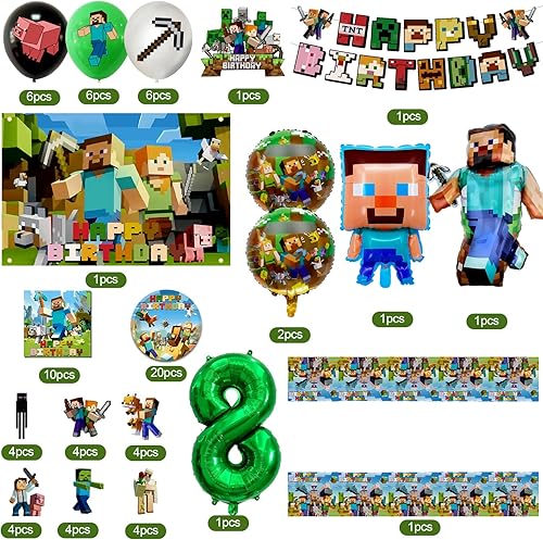 81pcs Deco Anniversaire Minecr 8 ans, Decoration Fête Du Jeu Enfants, Décoration de Gâteau, Ballon Minecr Anniversaire Bannière Nappe - Nail Gallerys