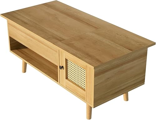 Sweiko Table Basse multifonctionnelle avec Plateau relevable et Porte en rotin, Table de Rangement de Salon avec Espace de Rangement Pratique et Design Fonctionnel (103 L x 50 B x 46 H) - Nail Gallerys