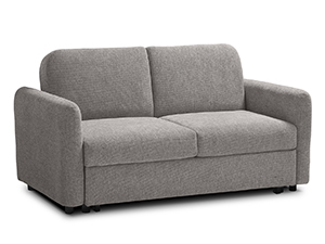 Canapé moderne en tissu gris présenté sous plusieurs angles. Il présente des lignes épurées, un rembourrage moelleux et un design contemporain avec des appuie-têtes réglables.