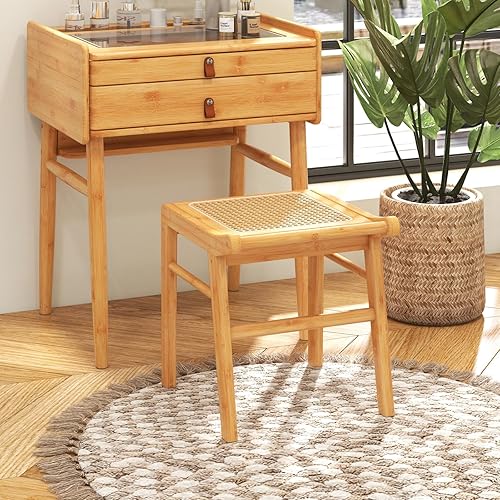 COSTWAY Tabouret de Coiffeuse en Bambou, Pouf Ottoman avec Dessus en Rotin, Petit Tabouret de Maquillage pour Chambre à Coucher, Salle de Dressing, Salon - Nail Gallerys