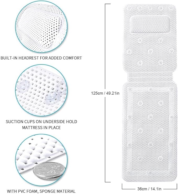 VIFERR Tapis de Bain, Oreiller de Bain Complet du Corps Coussin de Baignoire Matelas de Bain Respirant Oreillers avec Ventouses pour Salle de Bain Spa, Blanc - Nail Gallerys