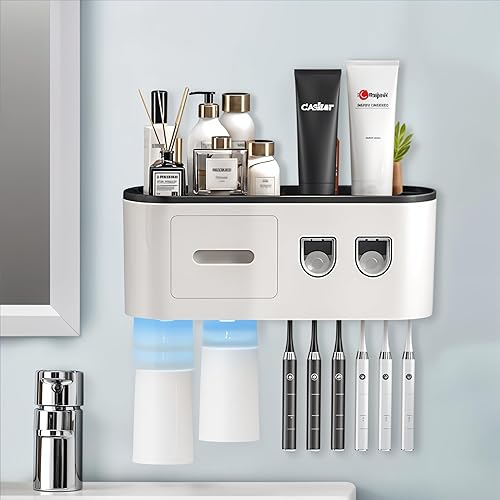 Porte Brosse Dent Mural, Support de Brosse à Dents Mural avec Distributeur Dentifrice Automatique Double, 6 Emplacements pour Brosse, 2 Tasses Magnétiques 1 Tiroir - Nail Gallerys
