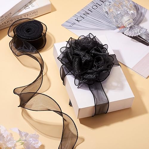 Crafans Lot de 2 rouleaux de ruban irisé noir scintillant en polyester transparent en forme de queue de poisson, ruban en mousseline de soie organza pour nœud floral, emballage cadeau - Nail Gallerys