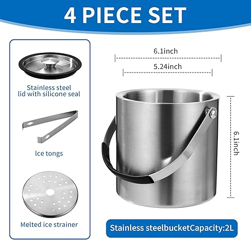 2L Seau a Glacon, Seau à Glace en Acier Inoxydable,Seau à champagne avec pinces à glace et grille de drainage, parfait pour refroidir le champagne, le vin, les boissons, la bière et les fruits - Nail Gallerys
