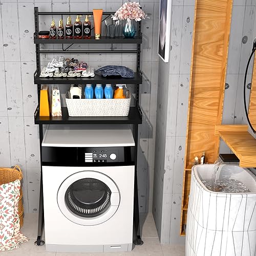 Supfirm Étagère de rangement à 3 niveaux réglables en hauteur pour machine à laver, grande étagère de rangement pour salle de bain pour économiser de l'espace (noir) - Nail Gallerys
