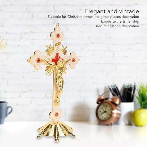 Fockety Crucifix Debout, Exquise Rétro Élégante Croix Debout en Métal, Croix De Crucifix De Décoration De Rouge avec Base, Croix De Jésus Catholique Stable Durable De Longue - Nail Gallerys