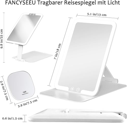 FANCYSEEU Miroir cosmétique rechargeable 1500 mAh avec éclairage, mini miroir grossissant 15 x avec 3 couleurs à intensité variable, miroir de maquillage pliable, ultra fin et portable (blanc) - Nail Gallerys
