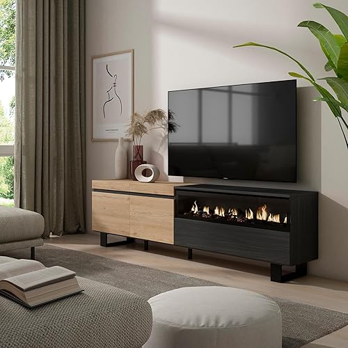 Skraut Home | Meuble TV | Banc Télé | Grand Espace de Rangement | 200x57x35cm | pour Les TV jusqu'à 80' | Cheminée électrique | Design Industriel | Style Moderne | Chêne et Noir - Nail Gallerys