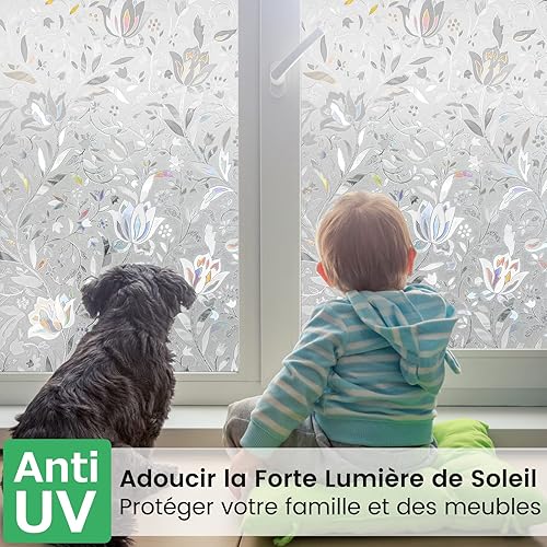 rabbitgoo Film de Vitre Décoratif et Protection de la Vie Privée Anti-UV Film Statique pour fenêtre Motif Floral de Tulipes en 3D Sticker Fenêtre Épais pour la Maison,la Cuisine,Le Bureau, 44.5x300cm - Nail Gallerys