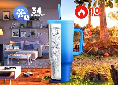 Meoky Gobelet isotherme de 1182 ml, avec paille et poignée, double paroi en acier inoxydable, à emporter, 100 % étanche, pour boissons froides et chaudes, dégradé de bleu - Nail Gallerys