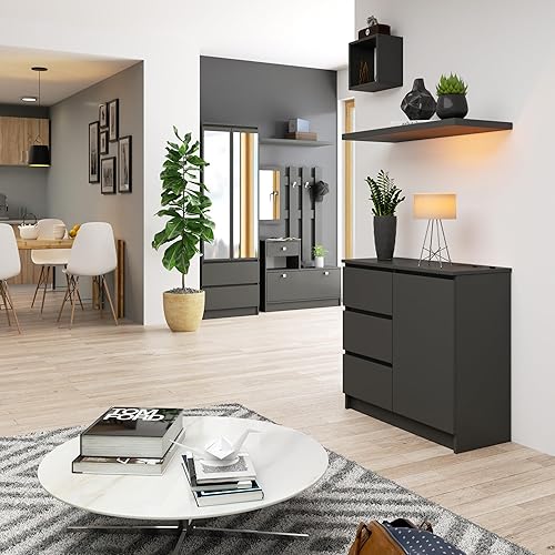 BDW - Commode avec 3 Tiroirs et 1 Porte - 80cm de Large, 77cm de Haut - Meuble, Buffet, Multi-Usages, Meuble À Chaussures, Commode, Classeur - Salon, Chambre, Couloir - Blanc/Gris - Nail Gallerys