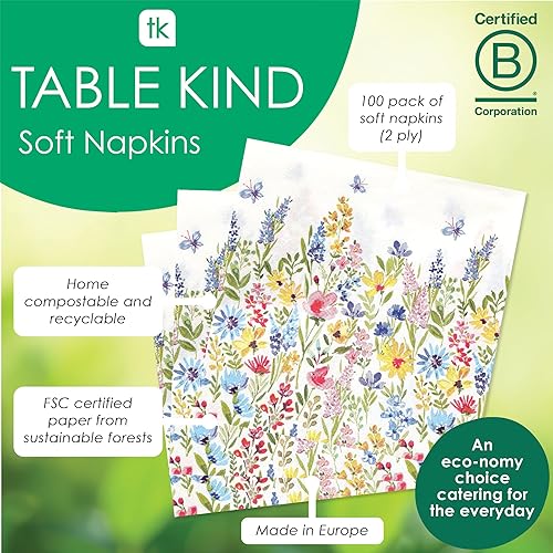 Table Kind 100 x Bulk Pack Soft Recycled Paper Napkins Disposable White Floral Party Serviettes for Weddings or Everyday Use Eco-Friendly Home Compostable Recyclable Made in EU 2ply 33cm - Nail Gallerys