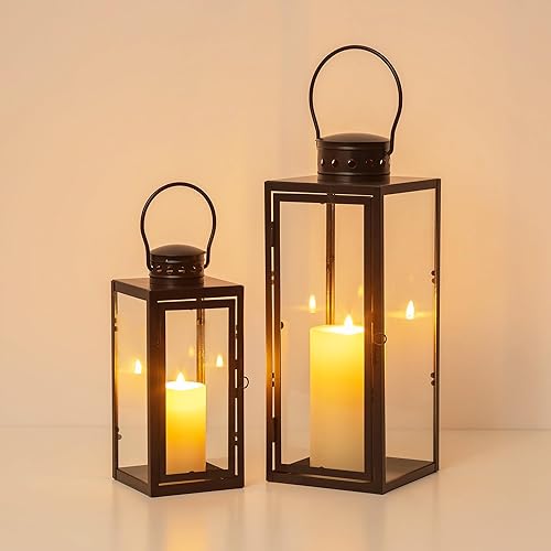 Staymoment Lanternes décoratives noires pour l'extérieur : lot de 2 photophores 24/35 cm pour l'extérieur comme balcon, jardin, décoration de table moderne, lanterne funéraire, bougeoir - Nail Gallerys