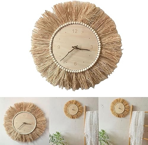 Songelt Horloge murale en paille faite à la main - Horloge murale en paille muette - Décoration de chambre de fille - En paille tissée - Nail Gallerys
