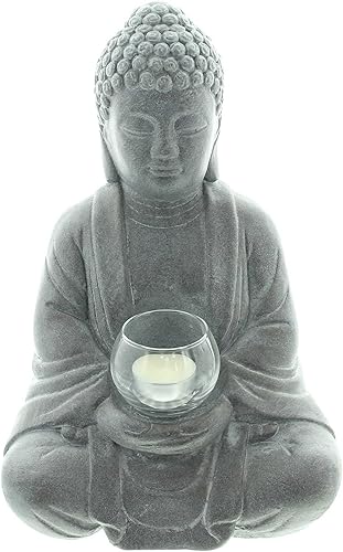 Dekoleidenschaft Figurine décorative Bouddha illuminée en ciment aspect pierre avec photophore en verre 33 cm de haut Décoration de jardin pour l'extérieur - Nail Gallerys