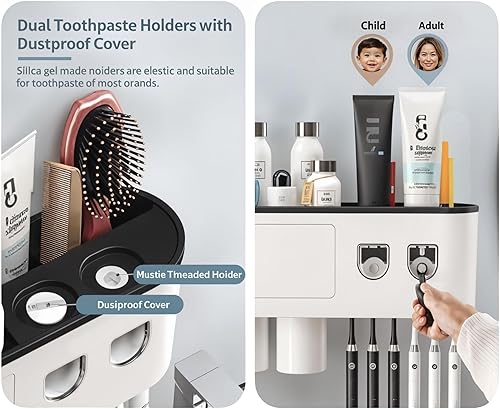 Porte Brosse Dent Mural, Support de Brosse à Dents Mural avec Distributeur Dentifrice Automatique Double, 6 Emplacements pour Brosse, 2 Tasses Magnétiques 1 Tiroir - Nail Gallerys