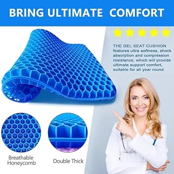 Glamicci Grand coussin en gel | Coussin de fauteuil roulant en gel nid d'abeille pour conduite, voyage en avion, orthopédique, coccyx, bureau, maux de pression, sciatique, siège de stade FC705-4 (bleu - Nail Gallerys