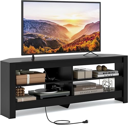 COSTWAY Meuble TV Angle, Meuble Télé avec Prise, 2 Prises, 2 USB, 1 Type-C, Petit Meuble TV pour 65', Meuble TV Bois 3 Niveaux, 4 Etagères Ouvertes (Noir) - Nail Gallerys