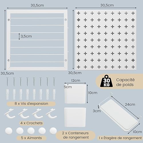 COSTWAY Kit Combiné de Panneaux Perforés Mural 61 x 30 cm, Panneau Perforé Organiseur Mural avec 4 Crochets, Étagères de Rangement, 2 Récipient et 5 Aimants, pour Cuisine, Bureau, Garage, Salon - Nail Gallerys