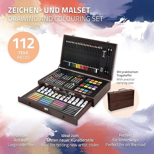 ECD Germany Malette de Peinture 112 Pièces, Crayons de Couleur, Peintures à l'Huile et Acryliques, Aquarelles, Gomme, Taille-Crayon, Crayons HB/2B, Coffret de Coloriage en Bois, pour Enfants/Adultes - Nail Gallerys