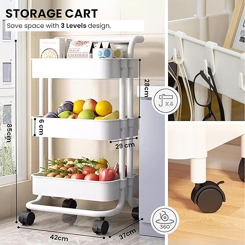 Chariot de Rangement, Étagère Roulante, Desserte à Roulettes avec Poignée, Facile à Déplacer, Crochets Amovibles, Divisible, Plastique pour le Rangement ou Cuisine. (3 Niveaux / 85x40x37) - Nail Gallerys