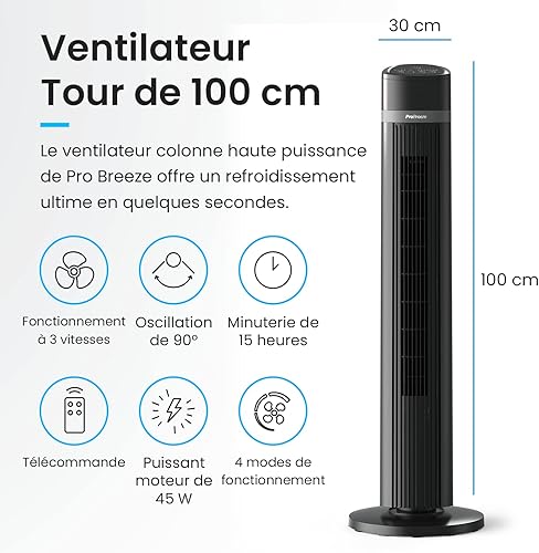 Pro Breeze Ventilateur Colonne Oscillante, Tour de 100 cm, Oscillation de 90°, Puissance de 45 Watts, 3 Vitesses, 4 Modes, Télécommande et Minuterie, Adapté pour la Maison et Le Bureau - Noir - Nail Gallerys