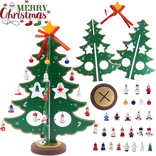 Calendrier de l'Avent 2024 en bois de 36 cm - Cadeau de Noël - Décoration pour le bureau - Kit de sapin de Noël 3D - 24 mini ornements mignons - Vert - Nail Gallerys