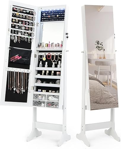 RELAX4LIFE Armoire à Bijoux sur Pieds Inclinable à 4 Angles avec Miroir Pleine Longueur, Organisateur de Bijoux Verrouillable à Clé avec 6 Lumières LED, Miroir Intérieur & 4 Tiroirs, 41X36X158 CM - Nail Gallerys