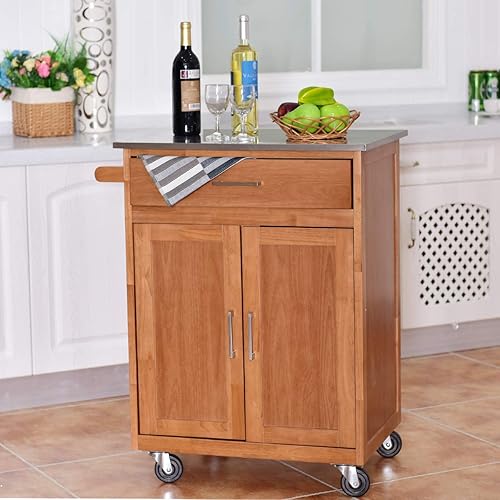 COSTWAY Desserte de Cuisine à roulettes avec Frein, Chariot de Cuisine Dessus de Table en Acier Inoxydable, Rangement Cuisine Tiroir Large, 2 Portes 72x48x89cm Naturel - Nail Gallerys