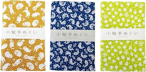 Miyamoto Komon Tenugui Lot de 3 Serviettes de Bain Motif Chat Bell The Cat Baleines Trèfle - Nail Gallerys