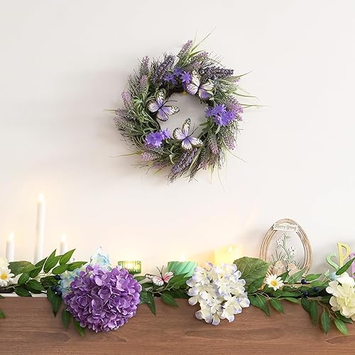 Valery Madelyn Couronne de printemps de 35,6 cm pour porte d'entrée, lavande artificielle et papillon, couronne de porte d'été violette pour l'extérieur toute l'année (M) - Nail Gallerys