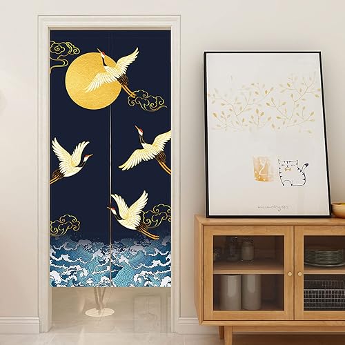 LIGICKY Noren Rideau de Porte Style Japonais Grues Vagues Doré Pleine Lune Imprimé Coton Lin Rideau de Porte Tapisserie pour Décoration de Maison 85x180cm Bleu Marine - Nail Gallerys