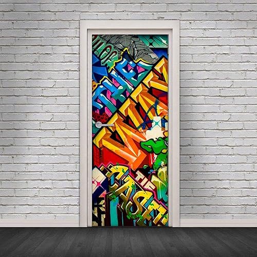 CFLEGEND 3D Porte murales Rue des graffitis Moderne Autocollant de porte Auto-adhésif Imperméable à l'eau Maison Porte intérieure Décoration Chambre Salle de bain Enfants Le bureau de Affiche 95*215CM - Nail Gallerys