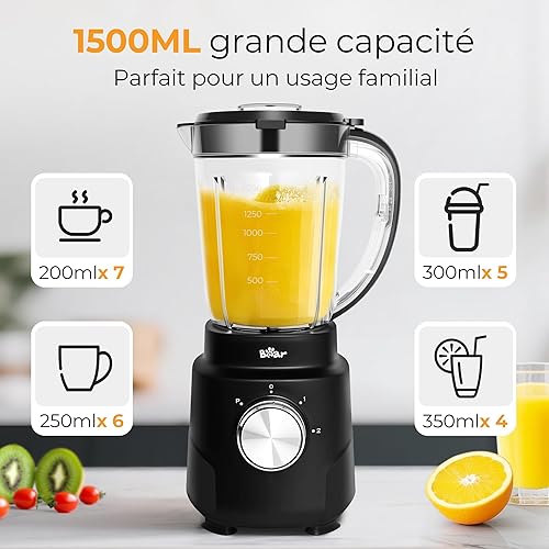 Bear Mixeur Countertop, mixeur professionnel de 700 W avec bol de 1 500 ml pour milk-shakes, smoothies, sauces et soupes, 3 vitesses pour broyer la glace et les fruits congelés. - Nail Gallerys