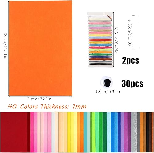 Xmart 40 pièces Feutrine Loisir Creatif Multicolores Paquet Feuilles Feutre Papier Feutrine avec Fils à Broder et Autocollants pour Les Yeux pour Travaux Manuels Couture Décorations Fête 20 X 30 cm - Nail Gallerys