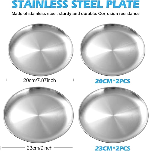 LEKEFETO Lot de 4 assiettes rondes en acier inoxydable - Diamètre : 20 cm et 23 cm - Assiettes de camping solides - Pour camping, pique-nique, randonnée, cuisine - Nail Gallerys