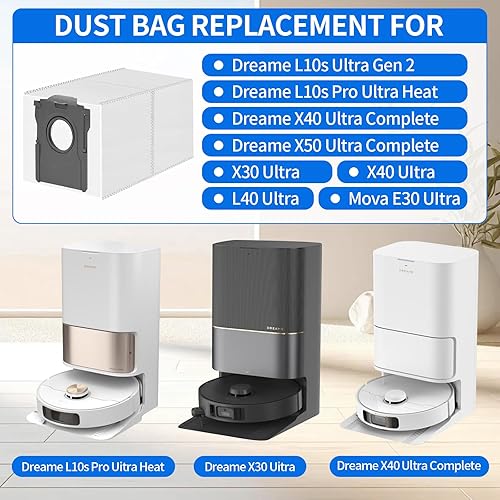 Lot de 12 sacs d'aspirateur compatibles avec Dreame L20/X40/X50 Ultra Complete, L10s/L10/L10s Pro/L40/L50 Ultra, pour Mova E30 Ultra/P50 Pro Ultra, 3,2 l, accessoires de grande capacité - Nail Gallerys