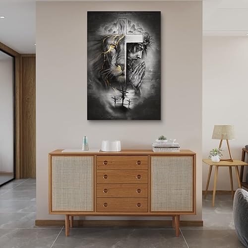 Toile Murale Chrétienne - Jésus, Lion, Croix et Colombe de la Paix - Art Poster pour Chambre - Prêt à Accrocher - 30 x 40 cm - Nail Gallerys