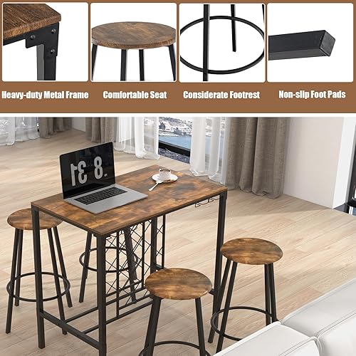 HOMASIS Ensemble de table haute avec 4 tabourets de style industriel, table haute de bar avec support pour verres et bouteilles, ensemble de salle à manger en bois et métal, lot de 5 pièces pour - Nail Gallerys