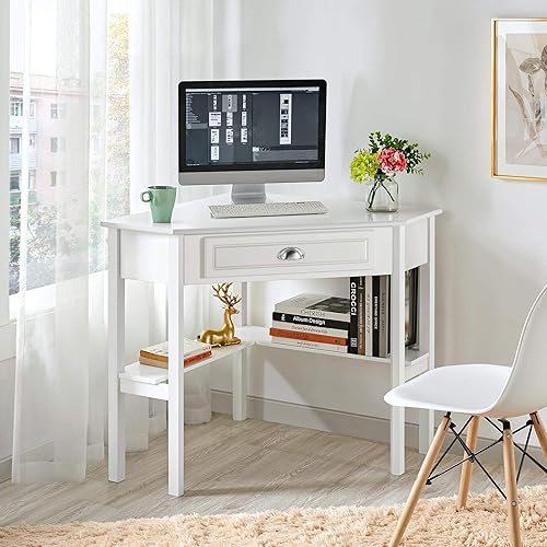 Yaheetech Bureau d'angle Poste de Travail Informatique Bureau en Bois avec Tiroir et Étagère de Rangement Design Classique et Élégant 106 × 71,5 × 76,5 cm Blanc - Nail Gallerys