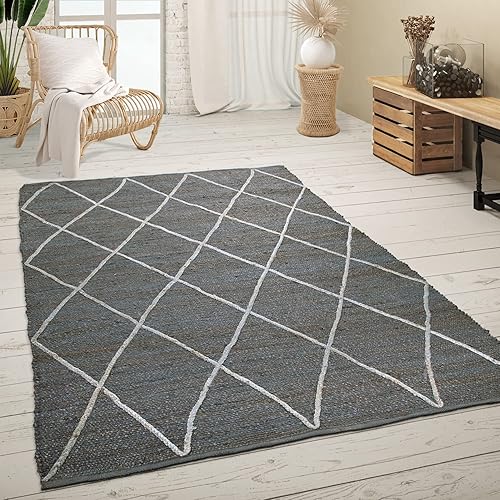 Paco Home Tapis De Salon Jute Fibres Naturelles Artisanal Motif 3D Scandinave Moderne, Dimension:200x290 cm, Couleur:Anthracite - Nail Gallerys