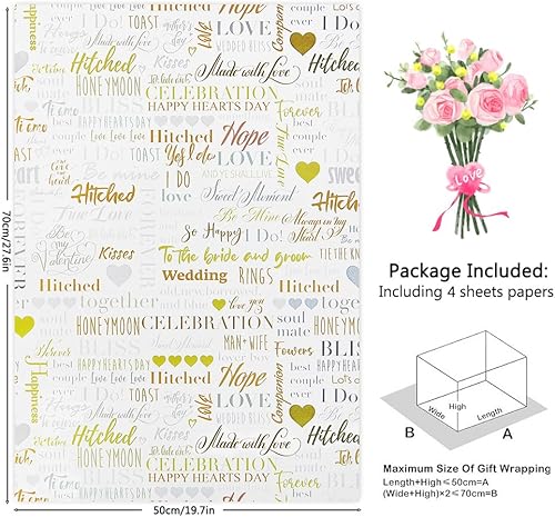 Lot de 4 feuilles de papier d'emballage cadeau en forme de cœur d'amour, lettre de mariage, or blanc,20x28inch pour la Saint-Valentin, un mariage, une fête prénuptiale, des fiançailles - Nail Gallerys