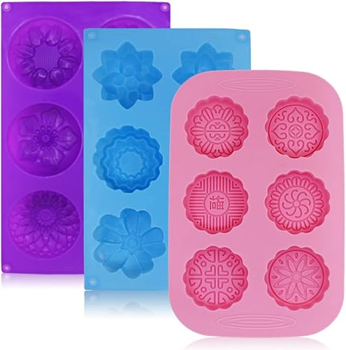 FineGood Lot de 3 Silicone Moules Muffin Mooncake, Casseroles en Forme de Fleur pour Faire Biscuit Gelée Chocolat, Plateaux de Savon Bricolage Faits à la Main, 6-Cavity - Violet, Bleu, Rose - Nail Gallerys
