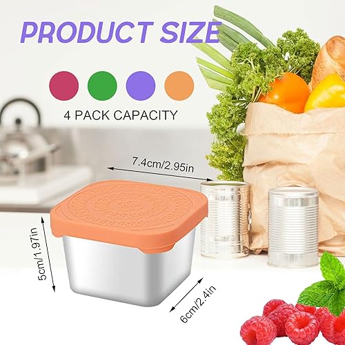 Les-Theresa 4 Pièces Petit Récipient Inox, Petit Recipient Sauce avec Couvercles Silicone-Multicolore,Récipient Vinaigrette à Emporter, Pot Sauce a Emporter pour Pique-Niquer, Transporter, Voyager - Nail Gallerys