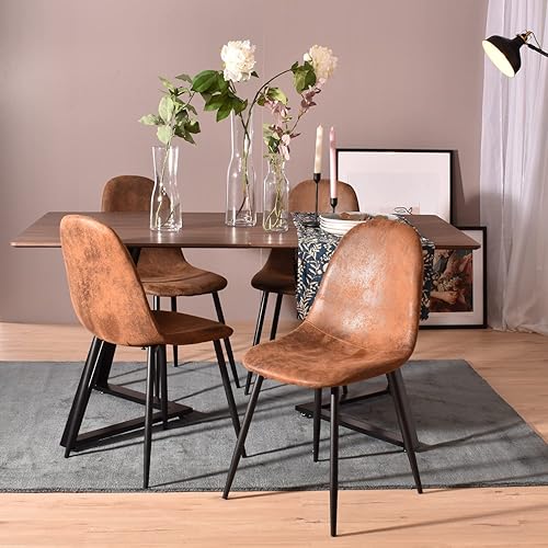 MEUBLE COSY Lot de 4 chaises de salle à manger Scandinave Fauteuil Salon Cuisine Pied Métal Noir Rétro Vintage en suédine Marron - Nail Gallerys