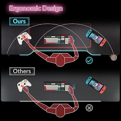 Todeco Bureau Gaming LED 140 x 60cm, Grande Bureau Gamer avec Plateau en Fibre de Carbone, Ergonomique avec Tapis de Souris, Porte-gobelet et Crochet pour Casque - Nail Gallerys