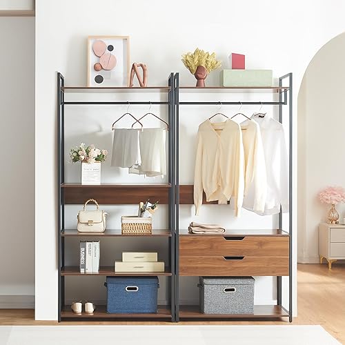 [en.casa] Ensemble de 2 Portants à Vêtements Design Industriel avec Barres de Penderie Armoire 2 Tiroirs 6 Compartiments de Rangement pour Entrée Dressing Métal MDF Noir Effet Noyer - Nail Gallerys