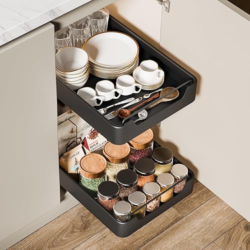 Avmvnvc Tiroir Coulissant Cuisine, Panier Coulissant pour Placard de Cuisine, Telescopique Tiroir Cuisine sans Perçage, 1 Unité Rangement de Cuisine Coulissant (Noir, 42 cm x 30 cm x 6 cm) - Nail Gallerys