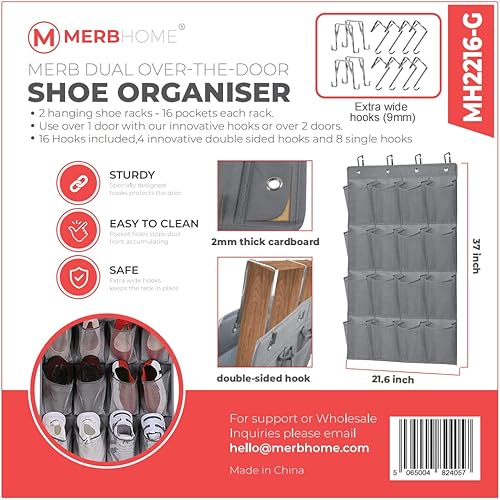 Merb Home Lot de 2 organisateurs de Rangement pour Chaussures – Accrochez 2 étagères sur 1 Porte ou sur différentes Portes – 16Poches – Rangement Suspendu Pliable (4 rangées de Poches) - Nail Gallerys