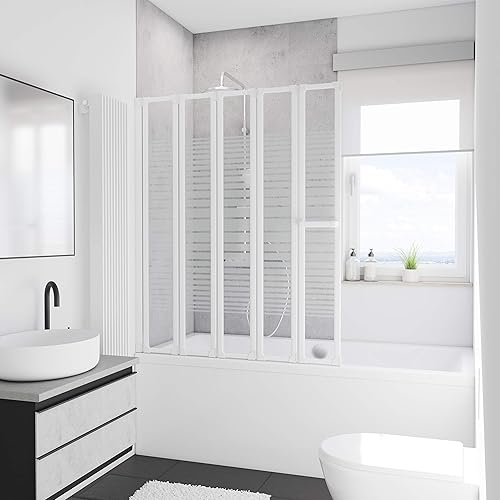 Schulte pare-baignoire 159 x 140 cm, profilé blanc, 7 volets (27+6 * 22), écran mobile réversible, verre de sécurité 3 mm décor sérigraphie bandes transversales, joint d'étanchéité - Nail Gallerys